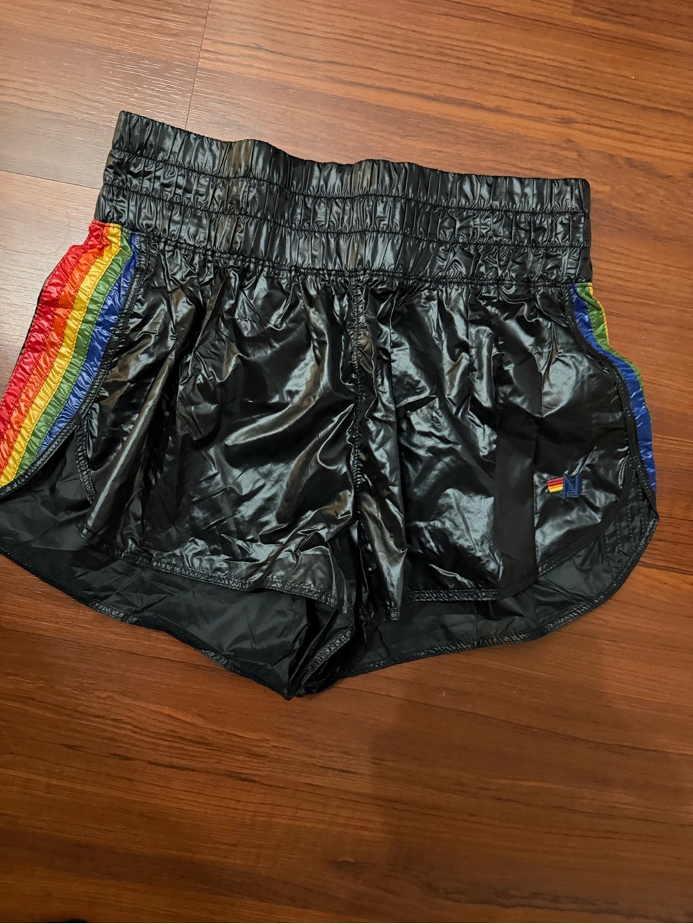 Aviator Nation Black Shiny Athletic Shorts with Rainbow Side Stripes